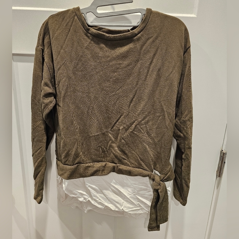 LOFT Petites Olive Green Tie Hem Mixed Media Top Size SP Layered Look Blouse